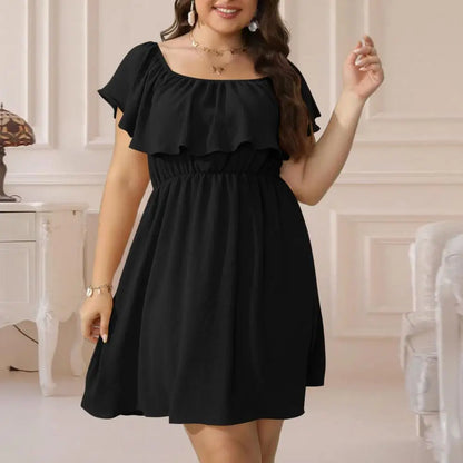 Women Dresses Summer Square Collar Short Sleeve Ruffle Decor Mini Dress Elastic High Waist Solid Color Loose Hem Plus Size Dress