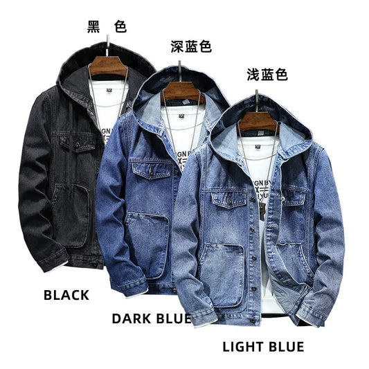 Casual Denim Hooded Jackets Men Hip-hop Streetwear Winter Cotton Classic Jeans