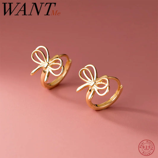 WANTME 925 Sterling Silver Hollow Romantic Bow Huggies Ear Hoops Earrings for Women Fashion Elegant Charm Party Jewelry Gifts