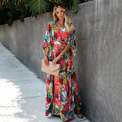 Plus Size Women’s Summer Loose Kimono Maxi Dress Wrap V Neck 3/4 Sleeve