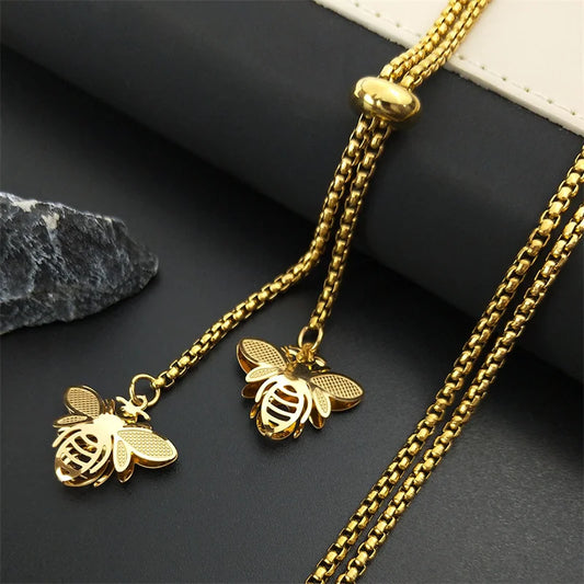 Fashion Bee Stainless Steel Long Necklace for Women Gold Color Statement Necklace