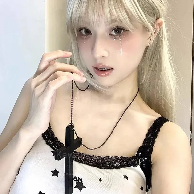 New Gothic Cool Y2K Wood Cross Pendants Necklaces Unisex Black White Red Hip Hop Charm Chain Choker Necklace Fashion Jewelry