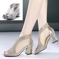 Summer Women Sandals Rhinestone Thick High Heels Fashion Woman Shoes