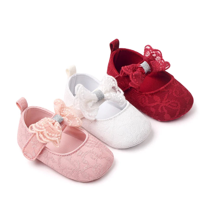 Baby Soft Cotton Shoes Beautiful Lace Bowknot Mary Jane 6 to 12 Month Baby Girl Prewalking Shoes High Quality Soft and Anti-slip