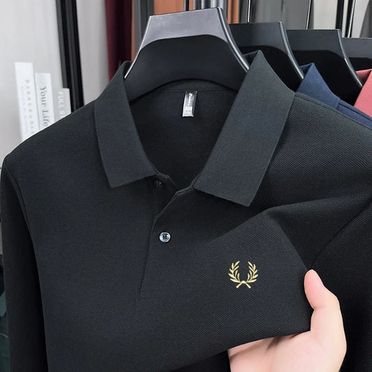 100% pure cotton high-end brand men's long sleeved polo shirt autumn fashion hot selling wheat embroidery golf business T-shirt