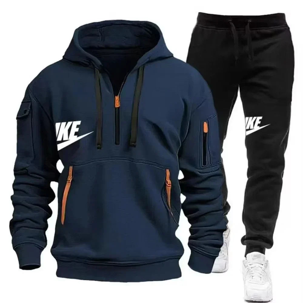 2025 New men's autumn and winter set: Multi-pocket hoodie + sport long pants set, casual men's wear, sportswear and warm set