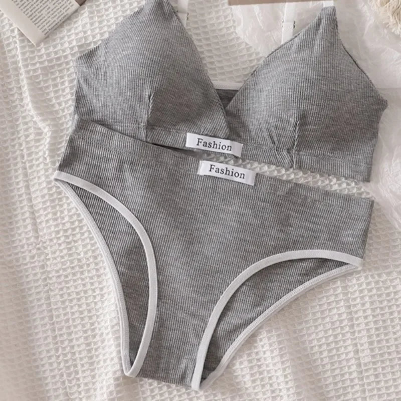 Underwear Set Women Bra Briefs Set Low Waist Panties Wire Free Vneck Bra Bralette