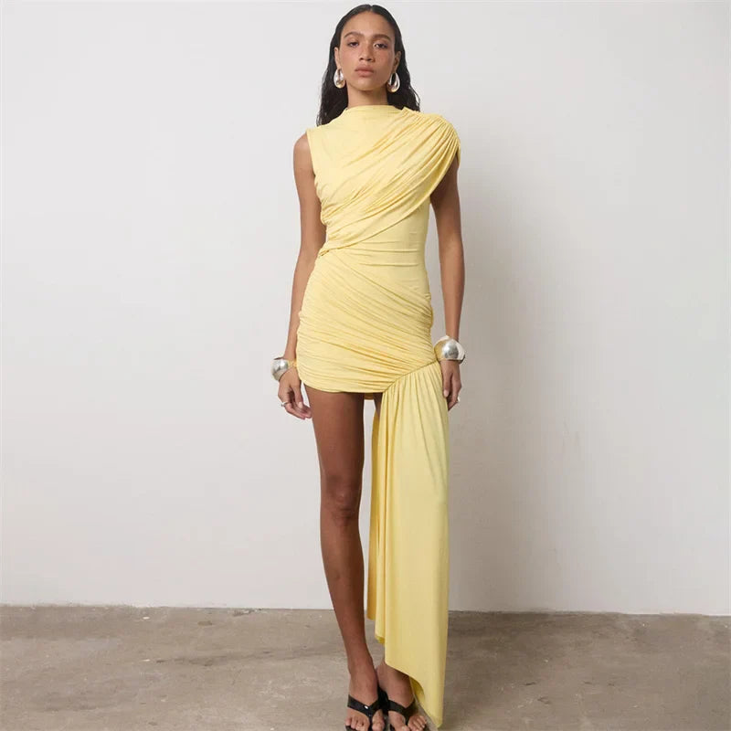 Balitops Summer Draped Ruched Sexy Mini Dress Women 2025 New Irregular High Waist Slim Fit Dress Female Elegant Club Tank Dress