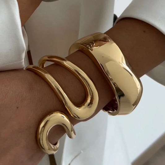 KunJoe Punk Hollow Out Geometric Cuff Spring Bangles for Women Personalized Heavy Metal Chunky Wide Open Bracelet Arm Jewelry