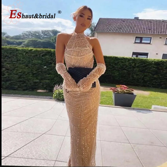 Elegant Mermaid Evening Dress for Women 2024 Luxury Arabic Halter Pearls