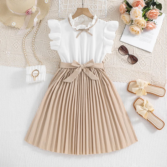 Kids Dress For Girls White Petal Sleeves Pleated Khaki Skirt & Bow tie Preppy