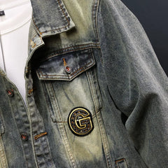 Fashion Nostalgic Denim Jacket Men's Retro Classic Wings Sequin Design Trendy Jacket