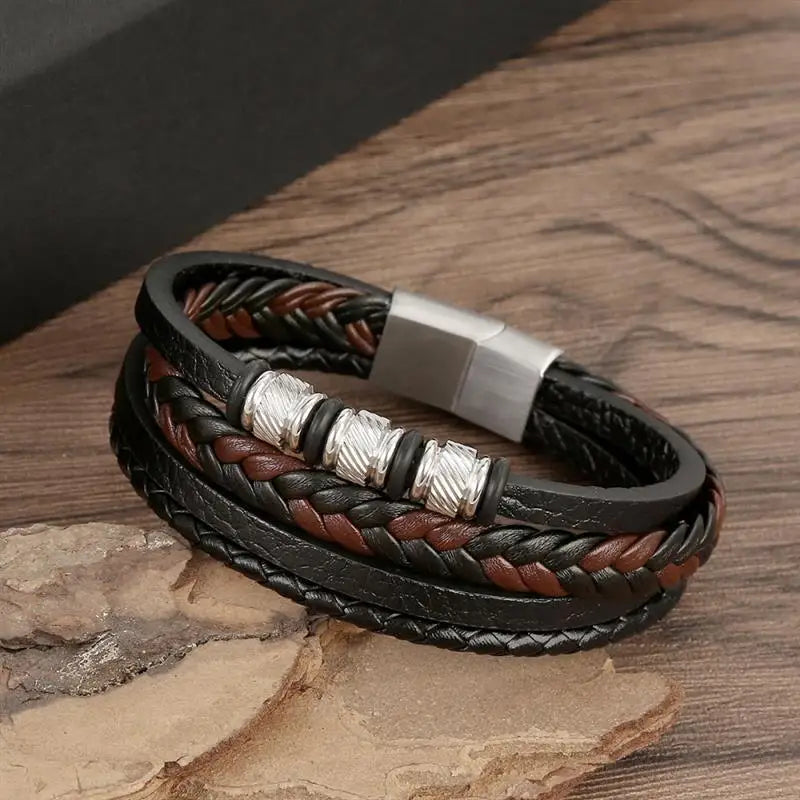 Punk Men Leather Bracelet with Stainless Steel Magnetic Clasp Braided Mutilayer Leather Wrapping Bangles Man Jewelry Gift
