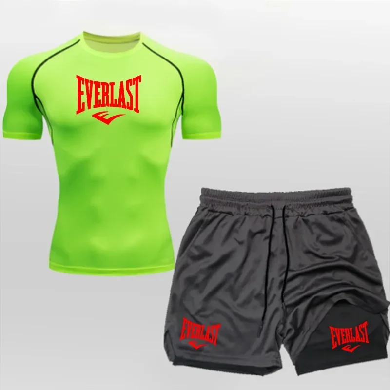 EVERLAST Men's Compress Shirt + 2-in-1 sports shorts 2pcs Set Leisure Breath Short Sleeve Sport Jogging Gym Brand Print Clothing