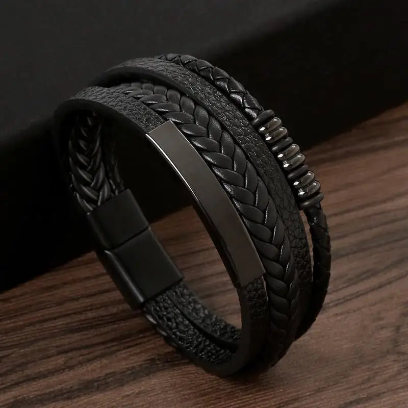 Punk Men Leather Bracelet with Stainless Steel Magnetic Clasp Braided Mutilayer Leather Wrapping Bangles Man Jewelry Gift