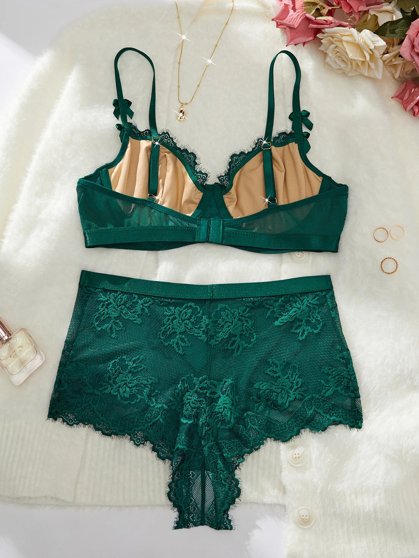 Women's 2pcs Bow Decor  Lace Lingerie Set,Contrast Lace Bra &  Hi waist boyshort