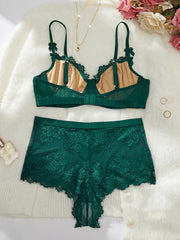 Women's 2pcs Bow Decor  Lace Lingerie Set,Contrast Lace Bra &  Hi waist boyshort