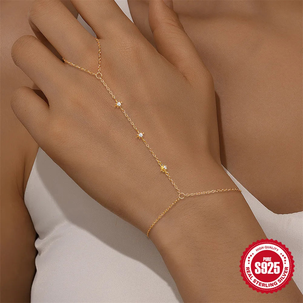 ROXI 925 Sterling Silver Heart/Star Zircon Bracelet With Finger Design For Women Hand Chain Accessories Party Jewelry Gift
