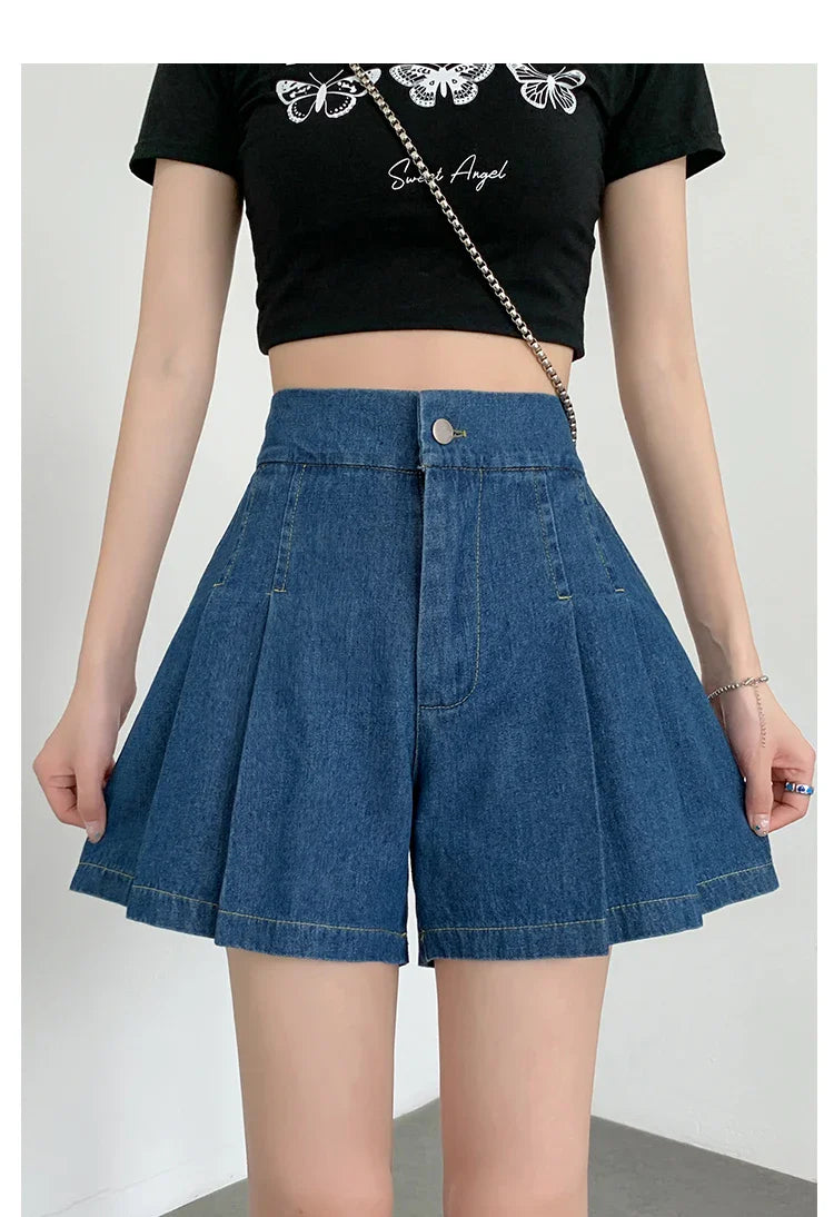 DFRCAEG 2024 Summer Plus Size Denim Shorts For Women High Elastic Waist Blue Or Sky Blue Pleated Mini Large Size Short Femme