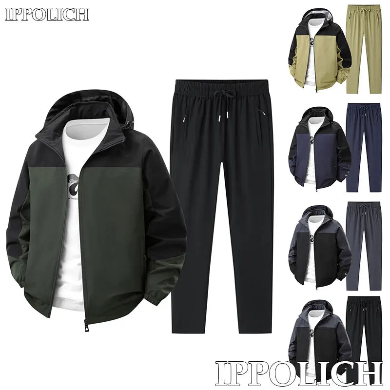 Men Spring Autumn Sport Set Comfortable Breathable Detachable Hooded Jacket Pant Set Training Morning Fitness Running Sport Suit