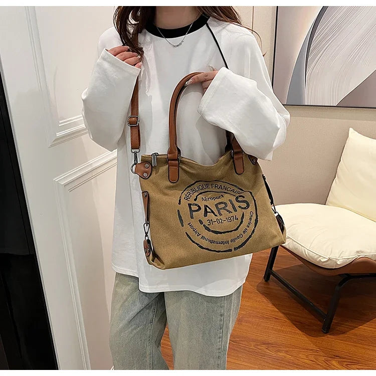 Large Retro Canvas Tote Bag Adjustable Shoulder Strap Vintage Paris Stamp Print