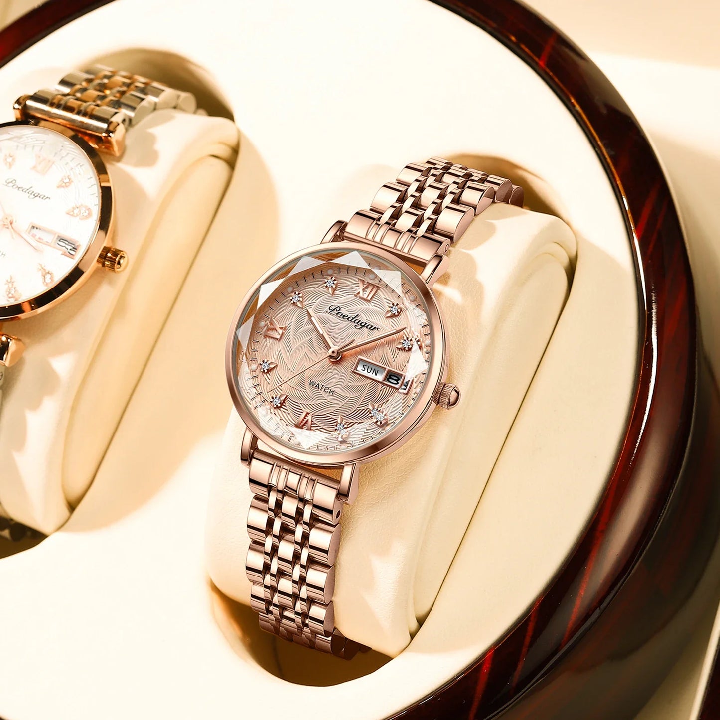 POEDAGAR Elegant Luxury Women Watch Waterproof Luminous Date Week Ladies Watches Fashion Stainless Steel Quartz Woman Wristwatch