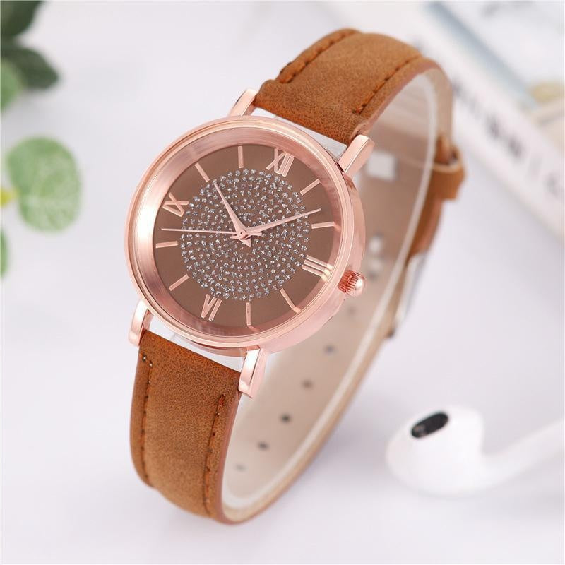 Women Watch Ladies Rhinestone Dial Wristwatch Leather Band Quartz Watches Gifts