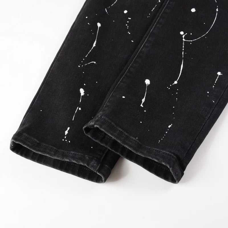 Men's Crystal Stretch Denim Skinny Jeans Painted Holes Ripped Tapered Pants