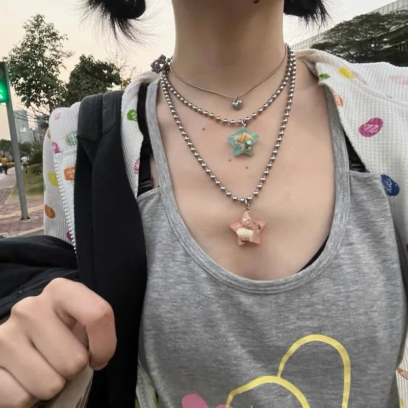 Sweet Cool Jelly Shell Resin Star Pendant Metal Beaded Necklace for Women Korean