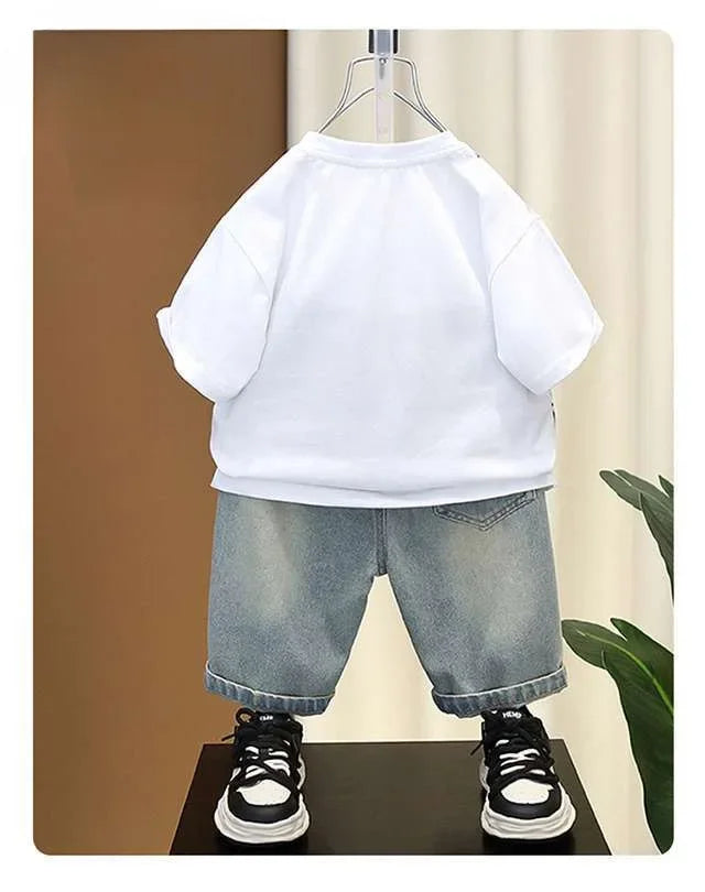 2-8 Years Boys Summer Clothing Set Letter Print Short Sleeved T-shirt+Denim Shorts 2Pcs Suit For Kids Handsome Casual Outfit