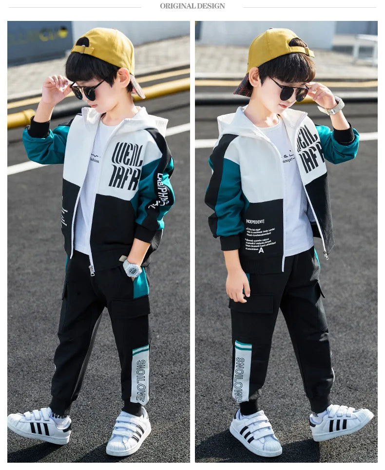 2026 winter spring Tracksuit Clothes Boys Teenager Kids zipper splicing Child set jacket hooded + striped Pant 8 9 10 11 12 year