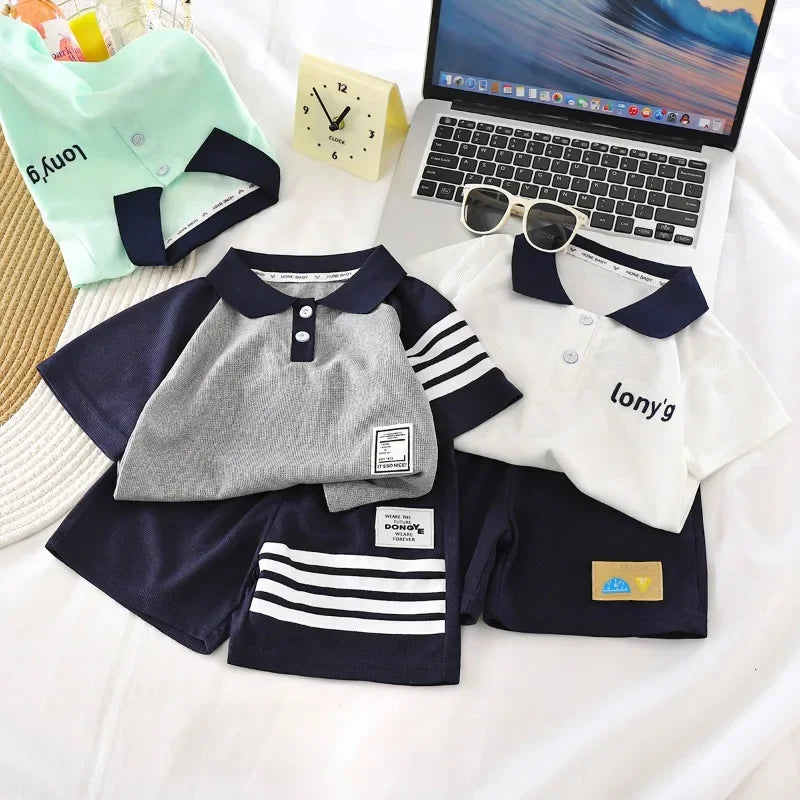 ‌Boys' 2025 New Summer Polo Shirt & Shorts 2-Piece Set Trendy Sporty Waffle Knit Outfit Cool Casual Toddler Kids Clothing