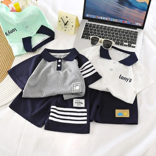 ‌Boys' 2025 New Summer Polo Shirt & Shorts 2-Piece Set Trendy Sporty Waffle Knit Outfit Cool Casual Toddler Kids Clothing