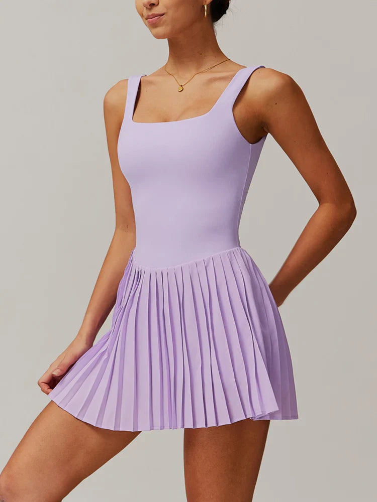 VITALINOVO Workout Tennis Dress with Built in Shorts Square Neck Padded Workout Dress with Pockets Golf Athletic Mini Dresses