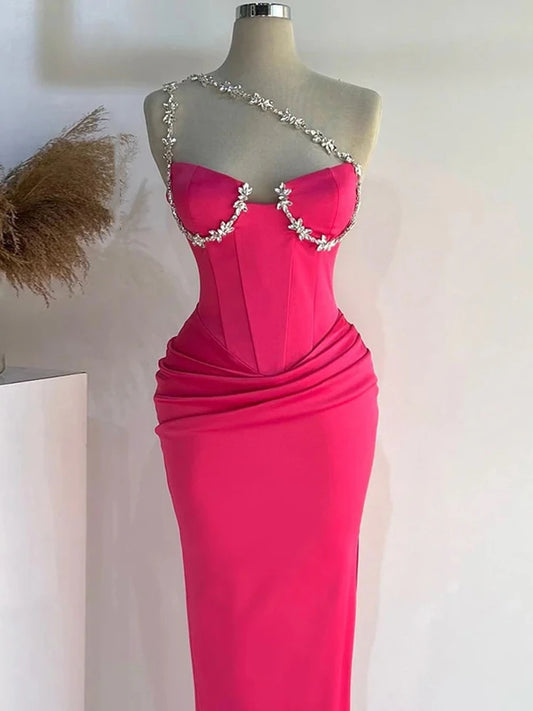 Women's Rose Ball Dress Diamond Evening Dress Red Carpet One Shoulder Bandage