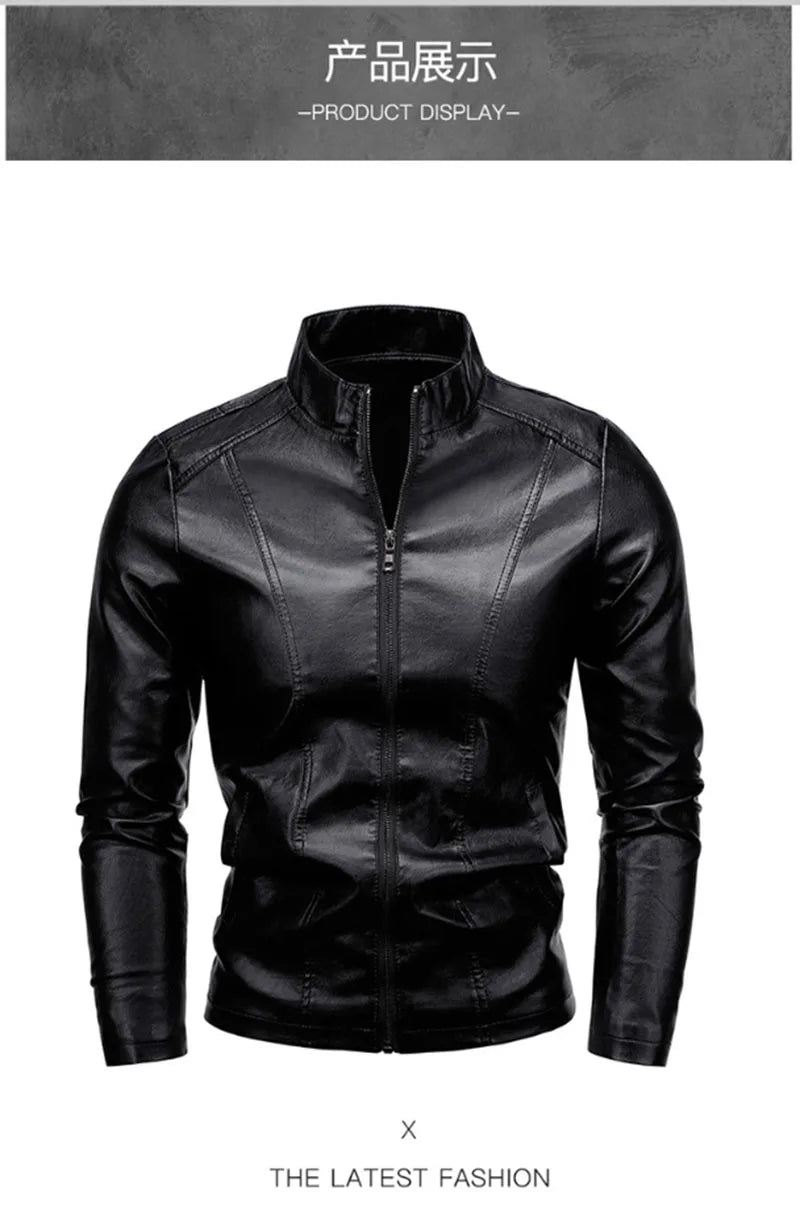 Men Leather Coat Vintage Classic Stand Collar Male Faux Leather Jacket