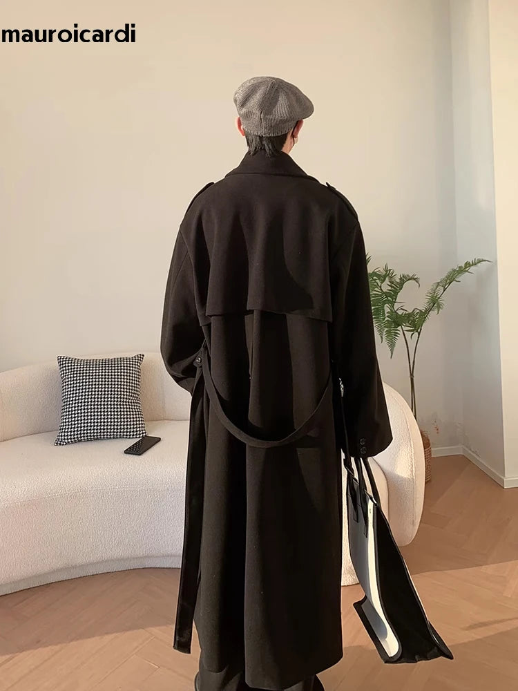 Autumn Winter Long Oversized Windproof Black Warm Woolen Coat Men