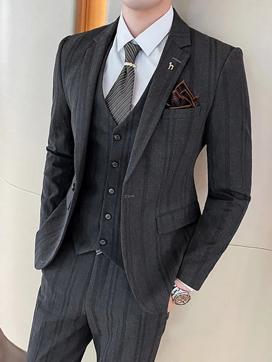 Elegant Striped Three-Piece Men's Suit Set for Formal Occasions - Jacket, Vest, and Pants for Groom and Business Attire