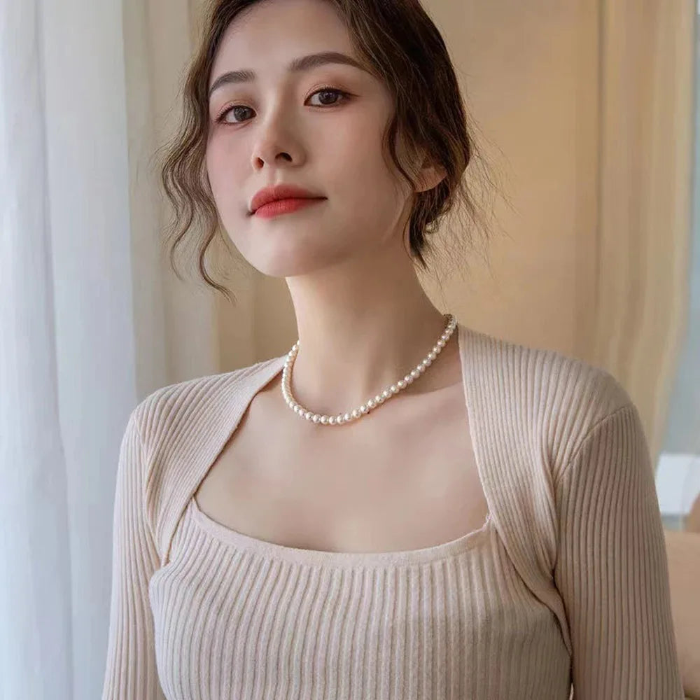 Vintage Elegant Jewelry Simple White Pearl Chain Choker Necklace for Women