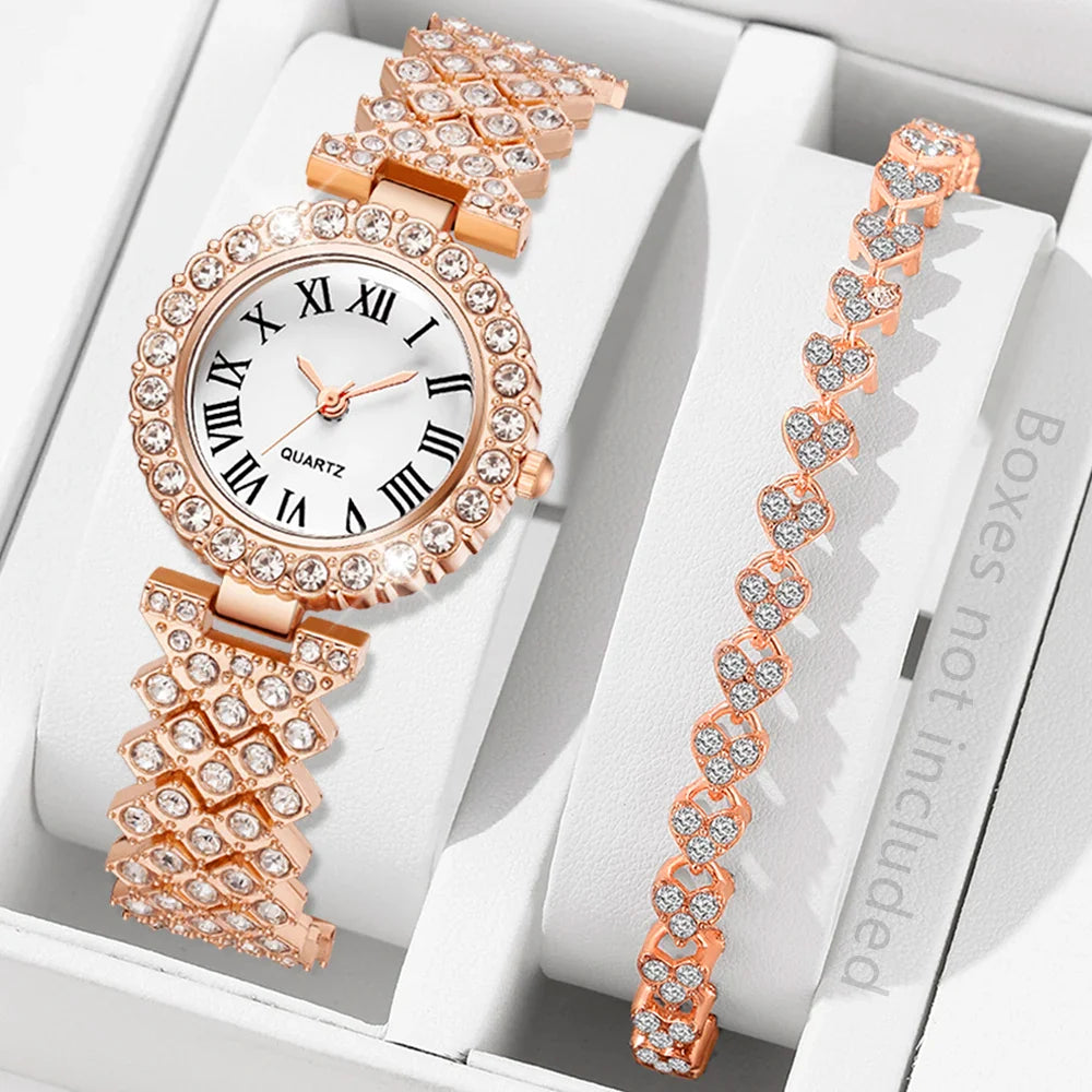 2-piece Ladies' Roman Scale Full Diamond Quartz Watch Heart Bracelet Accessory Set Suitable For Daily Wear
