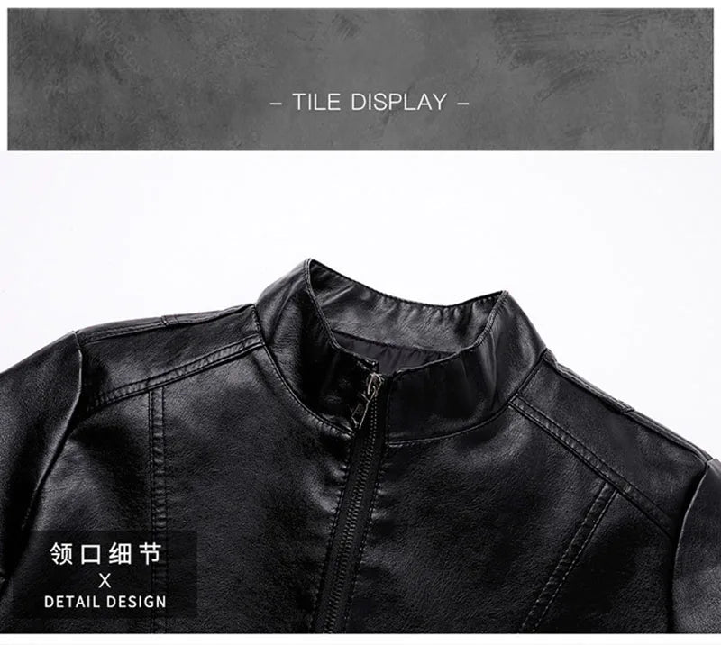Men Leather Coat Vintage Classic Stand Collar Male Faux Leather Jacket