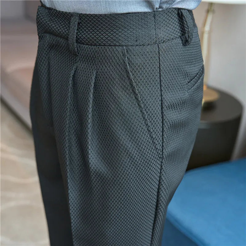 Waffle Fabric Men High Waist Casual Pant Fashion Men Simple Slim Fit