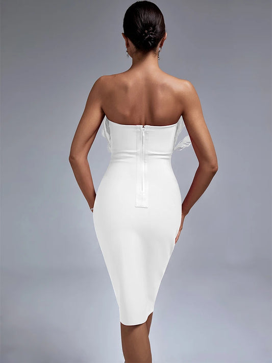 White Bandage Dress Women Feather Party Dress Bodycon Elegant Midi