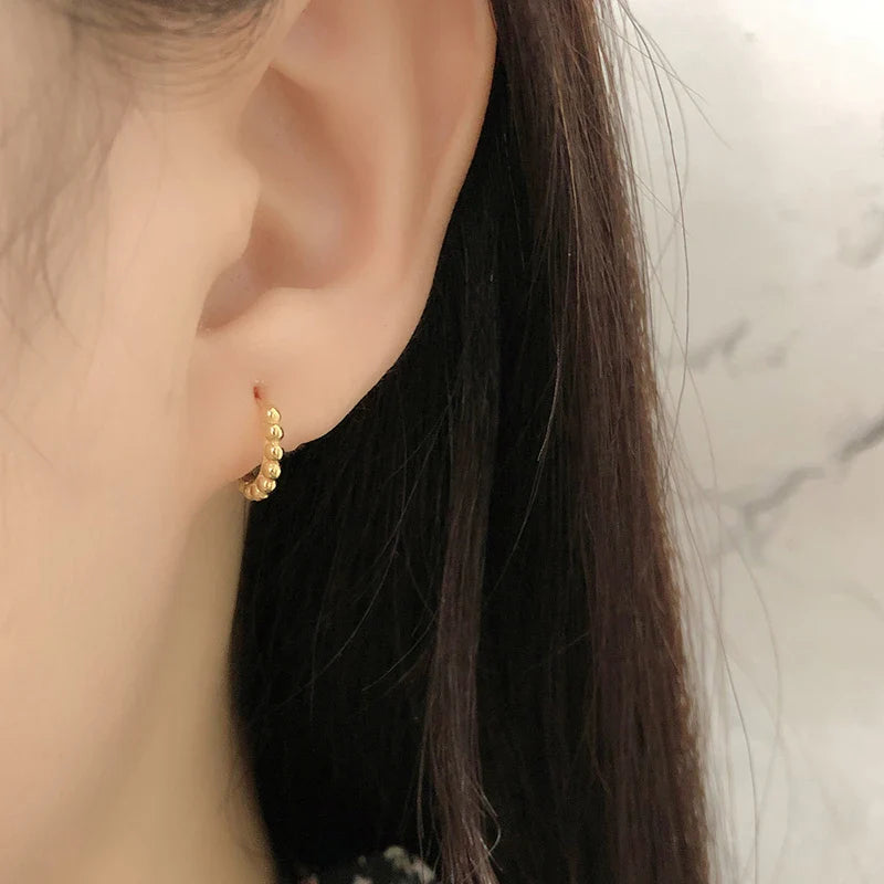 WANTME 925 Sterling Silver Simple Fashion Glossy Beads Gold Huggies Hoop Earrings for Women Gothic Piercing Jewelry Accessories