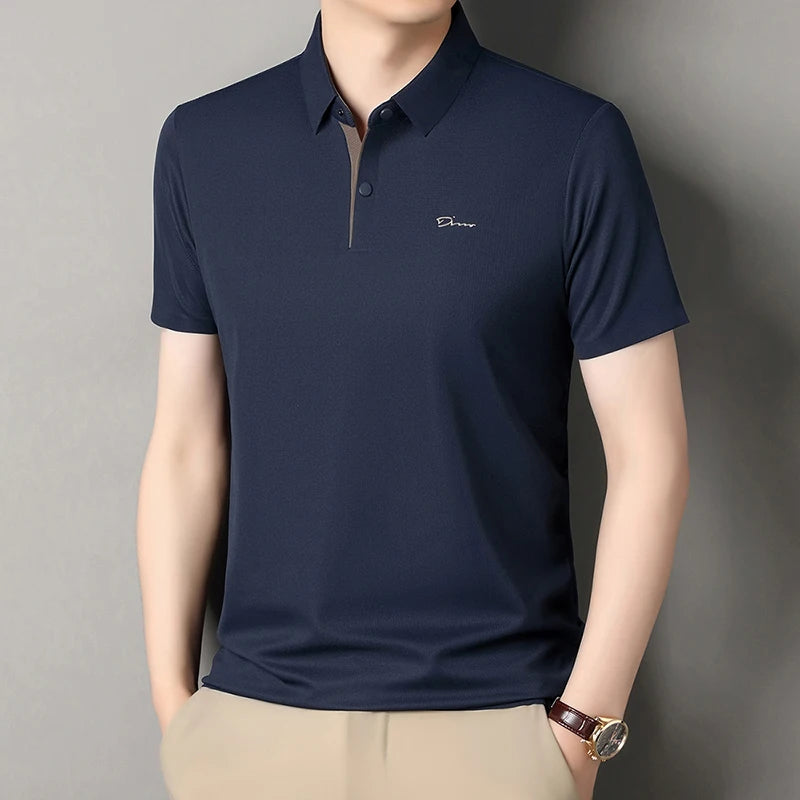 Summer seamless ice silk short sleeved T-shirt, polo shirt, flip collar, casual elastic top, breathable thin half sleeve