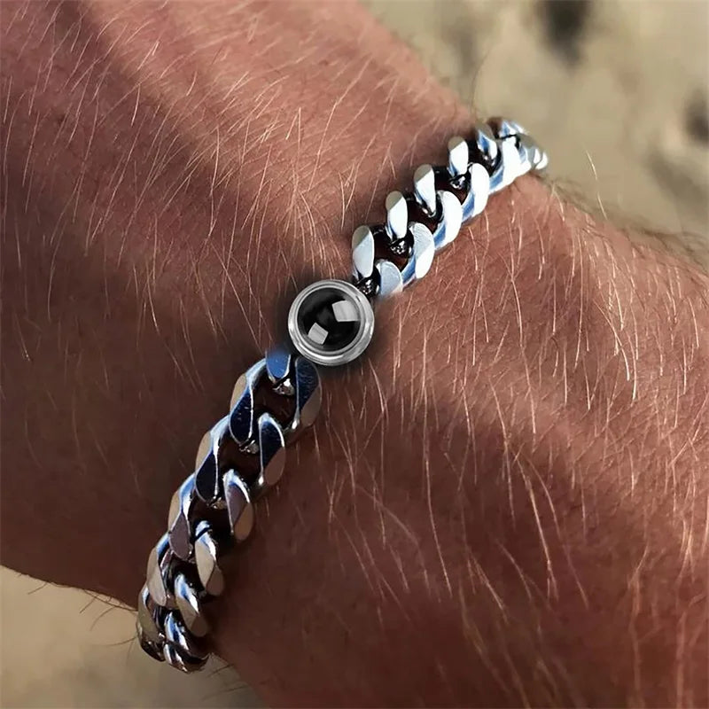 Custom Bracelet with Picture Inside Titanium Steel Cuban Link Chain Bracelet with Personalized Photo Projection for Men Women