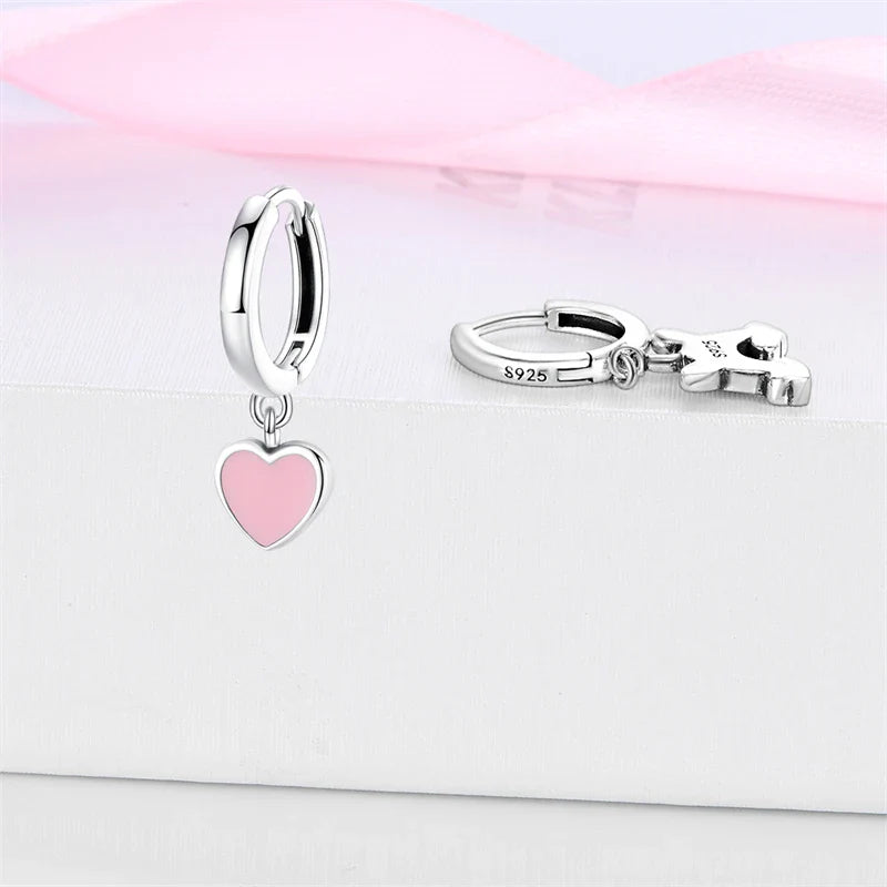 Earrings For Womens 925 Silver Color Pink Rainbow Horse Bear Bee Double Hoop Earrings Fine Engagement Anniversary Jewelry Gifts