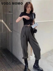 Women's Korean Style Cargo Pants Jogger Elastic Waist High Harajuku Straight Pants