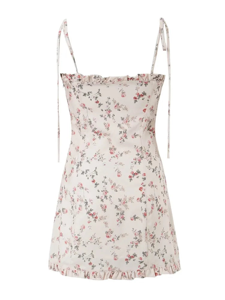 French style Summer Light Pink Flower Print Wood ears Slash Collar Mini Dress