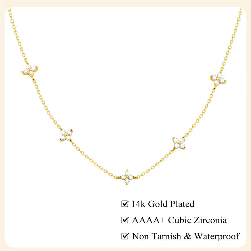 Dainty Lucky Leaf Necklace for Women 925 Sterling Silver Trendy 14K Gold Plating Cute White CZ Flowers Pendant Choker Necklaces